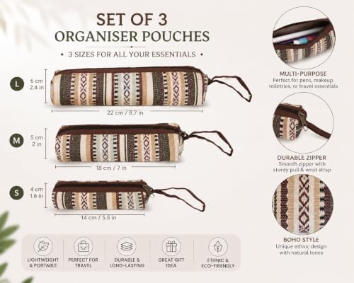 manakamana Hemp Boho Pouch - Set combo of 3,Travel Organizer Case with Wrist Strap | Eco-Friendly Storage Bag for Accessories, Cables, Pens, Makeup & Everyday Carry - Image 5