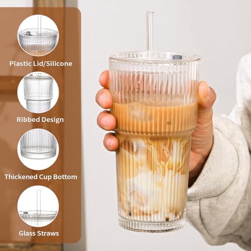 20oz Ribbed Glass Cups with Lids and Straws,4PCS Glass Tumbler with Straw and Lid, Iced Coffee Cups Drinking Glasses for Juice,Smoothies,Cocktail - Image 6