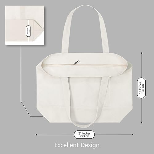 TOPDesign 3-Pack Canvas Tote Bags with an External Pocket, Reusable Grocery Shopping Bags, Top Zipper Closure, Daily Essentials (Natural) - Image 5