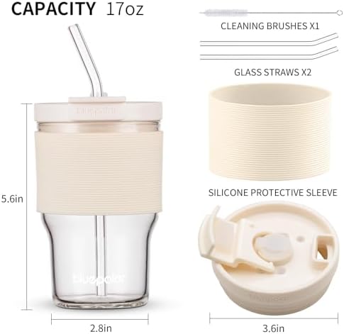 BLUEPOLAR Glass Tumbler Set with Lids and Straws, 17 oz Reusable Cups for Iced Coffee, Cold Brew, Tea, Smoothie (Off-White with Sleeve) - Image 5