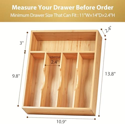 Umilife Bamboo Kitchen Drawer Organizer, 11 Inch Silverware Utensils Tray Holder with Grooved Dividers, 2.4" High Wood Caddy for Flatware Cutlery Knives - Image 6