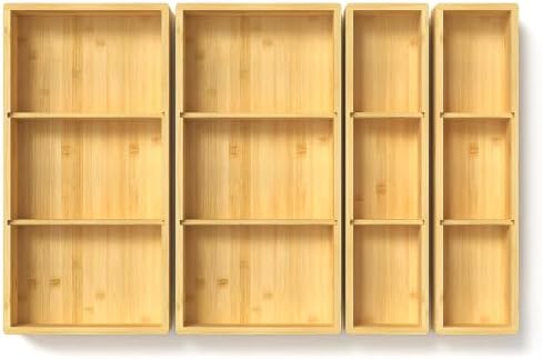 DUJEN 4 Packs Bamboo Drawer Organizer 2 pieces 12.6 * 6inches and 2 pieces 12.6 * 3.2inches, Adjustable 3 Individual Junk Drawer organizer for Bathroom and Kitchen by DUJEN