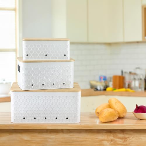 Kitchen Vegetable Storage Set of 3, Metal Onion Garlic Potato Storage Set, Kitchen Canisters Vegetable Keeper Containers with Aerating Holes and Bamboo Lid,Embossed White - Image 5