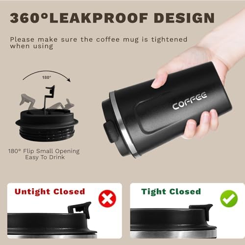 SPLMIFA Travel coffee mugs leak-proof, reusable coffee cups with lids, stainless steel vacuum insulated coffee tumblers, thermal insulation cups for men & women keep drinks hot & cold(2nd-Black, 17OZ) - Image 5