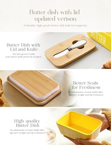 Ceramic Butter Dish with Lid and Knife Silicone Seal for Countertop Yellow - Image 4