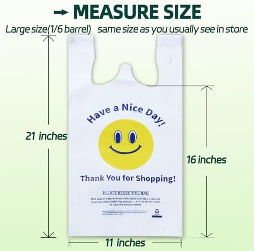 YovhVon 0.8Mil(20 Microns), 300 Count, Plastic Bags with Handles, T-Shirt bags, Thank You bags, Shopping Bag, Grocery Bag, |for Store, Carry, Pack|, White, 1/6 Barrel, Large 11"x6"x21", Heavy Duty - Image 3