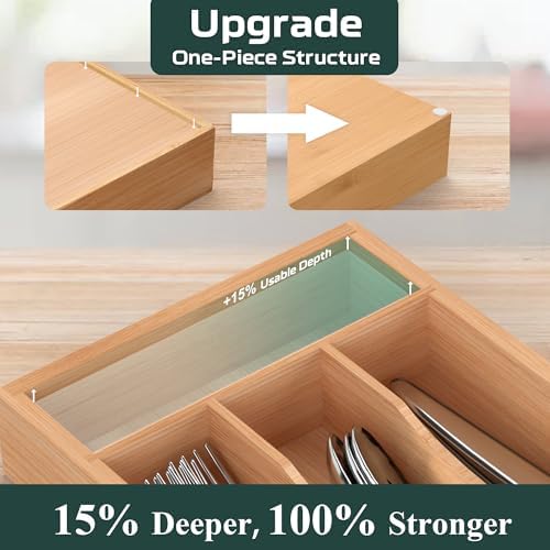 Small Silverware Organizer, Bamboo Kitchen Drawer Organizer, Utensil Holder, Cutlery Tray & Spoon Flatware Storage with Grooved Drawer Dividers (6.7''W x 12''D) - Image 7