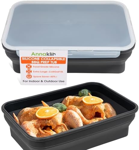 Silicone Collapsible Marinating Container with Lid for Meat, 2.64Gal/10L, Extra Large Collapsible BBQ Prep Tub, Transparent Locking Lid, XL Grill Prep Trays and Carry System, BBQ Must-Have, Black by Annaklin