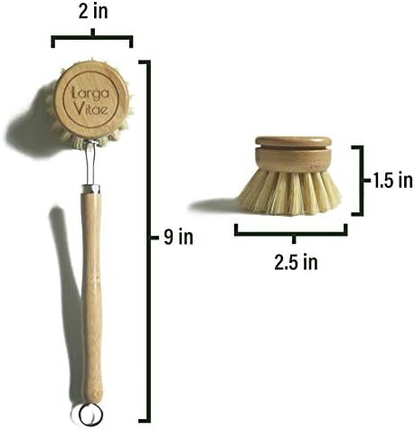 Wooden Dish Brush Made of Renewable Bamboo Wood and Natural Bristle Tampico Fiber, includes 5 Replacement Brush Heads, Durable, Long Lasting, All Purpose Kitchen Scrubber - Image 2