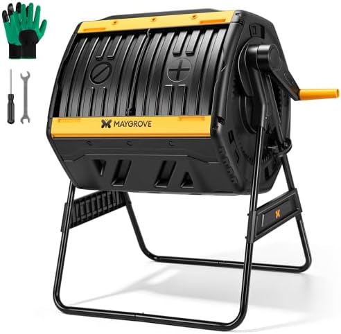 Maygrove Outdoor Compost Bin 53 Gallon, Dual Chamber Large Compost Tumbler for Garden Backyard, with 360° Rotating, Sliding Doors & Solid Steel Frame, Updated Instructions by MAYGROVE