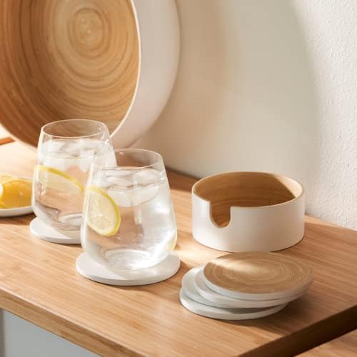 HABITAS Spun Bamboo Coaster Set - 6 White Round Coasters with Holder for Coffee Table - Modern, Sustainable, Handmade Bamboo Drink Coasters - Image 5