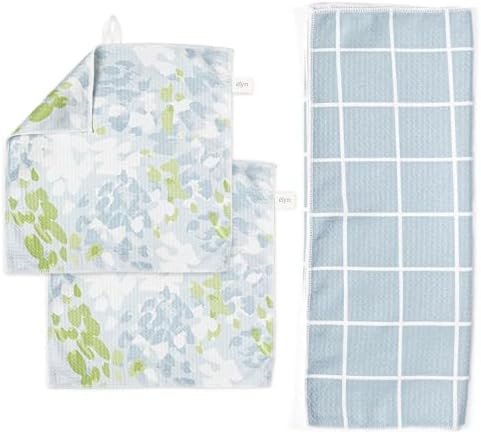 ELYN Microfiber Kitchen Dish Towel & Dish Cloth Set, Quick-Dry & Absorbent Waffle Weave Cleaning Cloths, Set of One Kitchen Towel & Two Washcloths, Paper Towels Alternative (Painterly Floral & Grid) by ELYN
