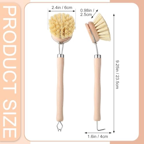 Maxdot 10 Pcs Kitchen Dish Brush with Beechwood Handle Natural Wooden Handle Scrub Brush Fiber Bristles Dish Scrub 2 Inch Replacement Head for Pots Pans Utensils Washing Supplies - Image 2