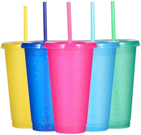 Suertestarry Tumbler with Straw and Lid,Water Bottle Iced Coffee Travel Mug Cup,Reusable Plastic Cups,Perfect for Parties,Birthdays,24oz-5 Pack (Sparkling Glitter, 5pack) by Suertestarry