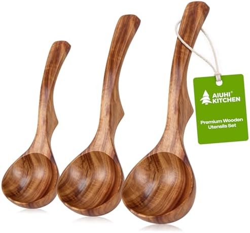 AIUHI Wooden Ladle Spoon Set, 3Size Teak Wood Ladle Spoon, Wooden Soup Spoon for Cooking, Non-Stick, Comfortable Grip for Cooking and Serving by AIUHI