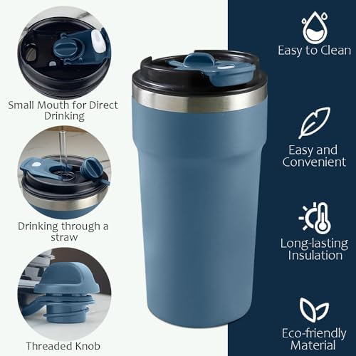 SPLMIFA Travel Coffee Mugs Leak-Proof, Reusable Coffee Cups with Lids, Stainless Steel Vacuum Insulated Coffee Tumblers, Thermal Insulation Cups for Men and Women Hot & Cold Drinks(4th-Blue, 16OZ) - Image 2