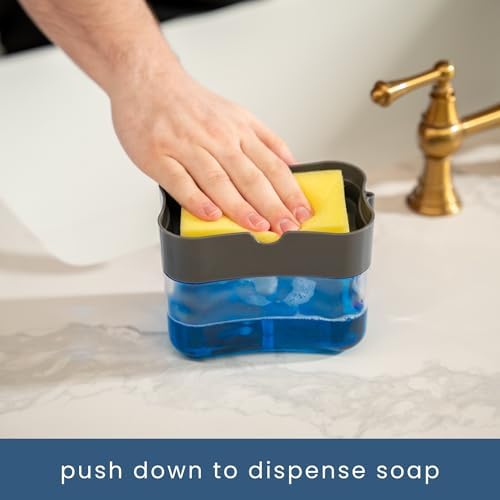 S&T INC. Dish Soap Dispenser and Sponge Holder for Kitchen Sink, Sponge Included, 13 Ounces, Grey - Image 2