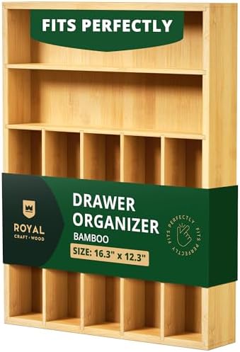 ROYAL CRAFT WOOD Luxury Bamboo Utensil Rack and Silverware Organizer, Kitchen Drawer Organizer - Utensil Holder and Cutlery Tray with Grooved Drawer Dividers for Flatware 7 Slot, Natural by ROYALCRAFTWOOD