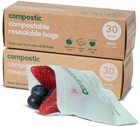 Compostic Compostable Snack Bags, 60 Ct Starter Pack, Zip-Seal by COMPOSTIC