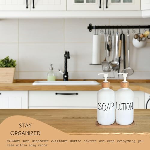 White Soap Dispenser Bathroom Set, Set with Glass Dispenser, Bamboo Pumps & Tray. Hand and Lotion Suitable for Farmhouse Decor - Image 4