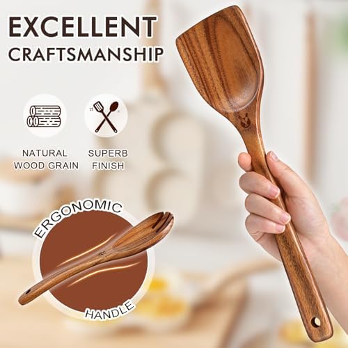12Pcs Soft Grip Teak Wooden Utensil Set, Durable Spoons for Family Kitchen - Image 5