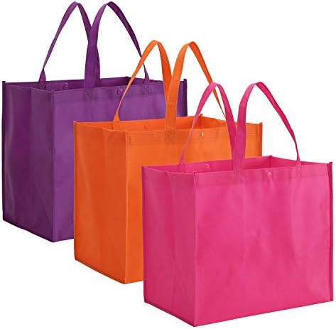 Tosnail 12 Pack Reusable Grocery Shopping Bags, Large Foldable Tote Bags Bulk, Fabric Bags with Long Handle for Shopping Groceries Clothes - Purple, Orange, Pink by Tosnail