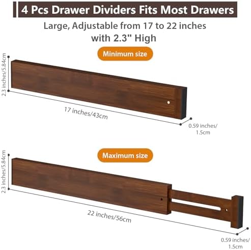 DUCOO 4 PCS Drawer Divider, 17"-22" Adjustable Bamboo Drawer Dividers Organizers, 2.3" High Expandable Separators for Kitchen, Clothes, Dressers, Home, Office, Mocha - Image 2