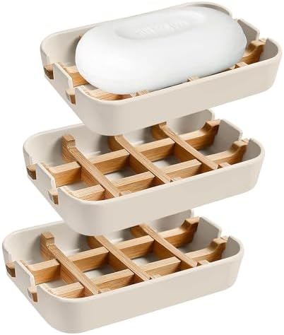 Aoheuo Modern Bamboo Fiber soap Holder and soap Dish Combination (Removable),5.12 Long by 3 Wide, 0.98 inches high, Used in Kitchens, bathrooms, and bar Sinks (Off White(3 Pack)) by Aoheuo