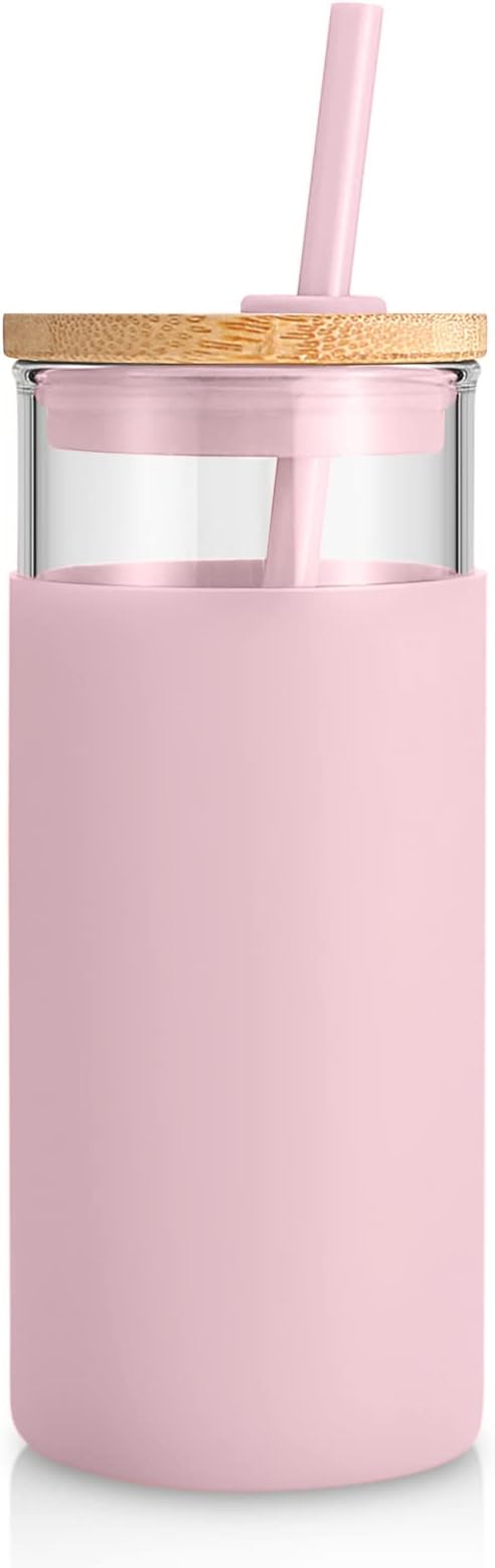 Tronco 20 oz Glass Tumbler with Lid and Straw, Iced Coffee Cup and Smoothie Cup with Bamboo Lids & Protective Silicone Sleeve, Dishwasher Safe, BPA-Free, Pink 1 Pack