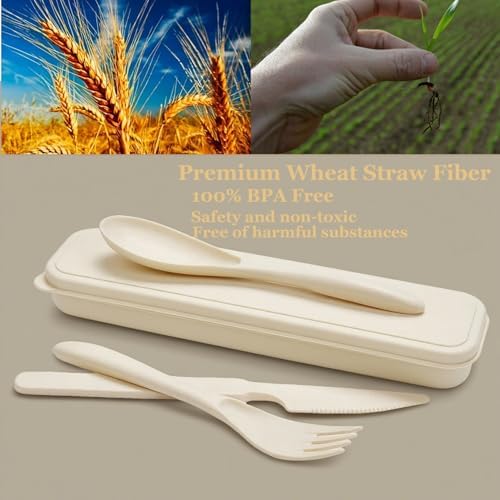 Wheat Straw Travel Cutlery Set with Case, Portable Reusable Flatware - Image 3