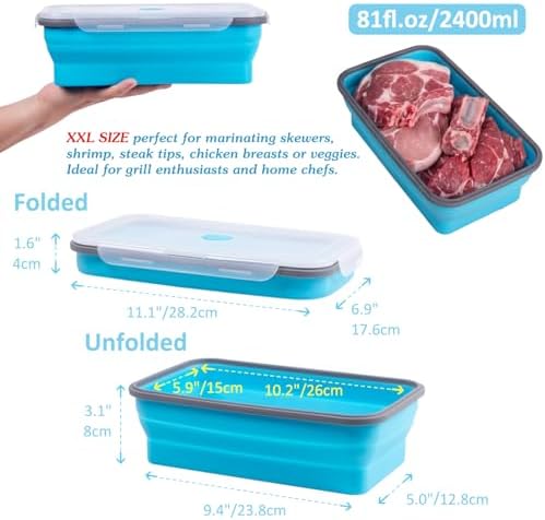 Extra Large Collapsible Food Storage Containers with Lid & Air Vent, 81 oz, 4 Pack, XXL Collapsible Marinade Container BBQ Prep Foldable Silicone Containers, Microwave Freezer Dishwasher Safe, Blue - Image 6