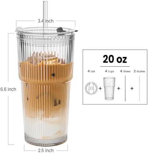 TUZAZO 20 Oz Ribbed Glass Coffee Tumblers with Lids and Straws, 4 Pack - Image 2