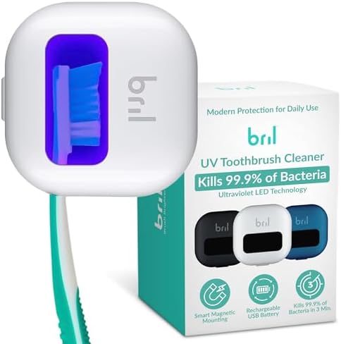 Bril UV-C Toothbrush Sanitizer and Holder – Wall Mounted, Rechargeable, 30-Day Battery, Magnetic Mount, Fits Electric and Manual Brushes, Portable Travel Case, Auto-Shutoff – White by Bril