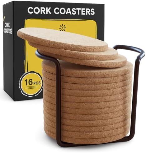 Cork Coasters for Drinks with Metal Holder - 16 Pcs Round 4 inch Drink Coaster Thick Absorbent Heat-Resistant Saucer - Used for Cold Hot Beverages Glasses Mugs Cups Plants Apartment Decor Bar Table by Decopom