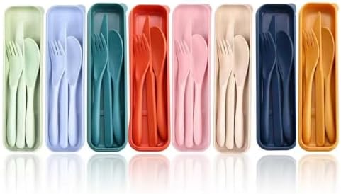 8 Pack Travel Utensils with Case, Reusable Wheat Straw Cutlery Sets for Lunch Box, Camping, Picnic and Office, Dishwasher Safe Spoon Fork Knife Sets, 8 Colors by Facune