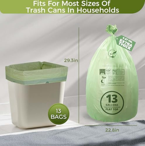 13 Gallon Compostable Trash Bags with Flat-Top, Thick 0.87 Mil, 49.21 Liter, 50 Bags, Tall Kitchen Food Scrap Waste Bag, ASTM D6400, US BPI and OK Compost Home Certified - Image 6
