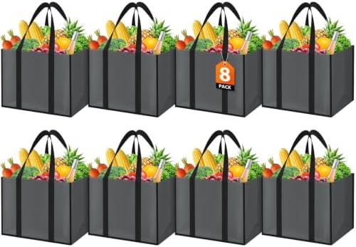 WISELIFE Reusable Grocery Bags with Handles, Foldable, 35L, 8 Pack, Gray by WiseLife