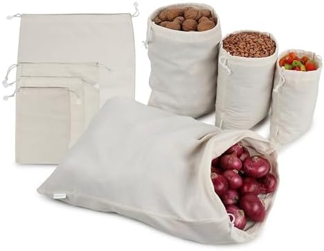 Muslin Cloth Bags with Drawstrings - Set of 8 (S, M, L, XL) - Reusable Natural Cotton Bags for Bulk Food Storage - Canvas Fabric Sachets by Unknown