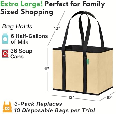 Reusable Grocery Bags (3 Pack) – Heavy Duty Reusable Shopping Bags, Beige - Image 4
