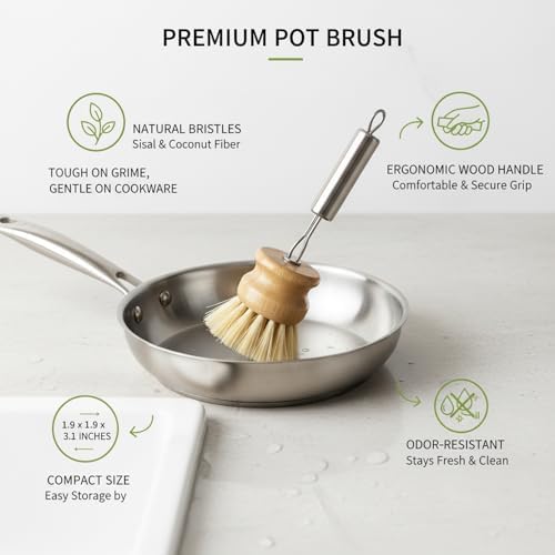 Natural Sisal & Coconut Pot Brush with Wooden Handle - Eco-Friendly Dish Scrubber for Cast Iron, Stainless Steel Cookware (1 Pack) - Image 5