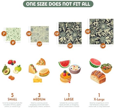 Akeeko Reusable Beeswax Food Wraps - Assorted 9 Packs, Reusable, Plastic-Free Food Storage, 5 Small, 2 Medium, 1 Large, 1 Extra Large Wraps with Flower and Birds Pattern - Image 2