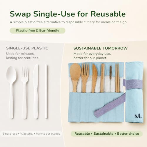 Sustainable Tomorrow Bamboo Cutlery Set | Eco-Friendly Reusable Utensils with Canvas Case | Natural Bamboo Fork, Knife, Spoon, Chopsticks, Straw & Cleaning Brush | Plastic-Free Flatware - Image 4