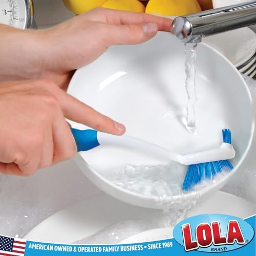 Dish Brush Kitchen Scrubber, by LOLA, Has Stiff Bristles & Food Scraper, Comfort No-Slip Grip Handle, Safe for Non-Stick & Coated Cookware, 1 Count - Image 5