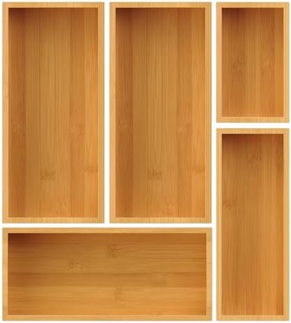 Bamboo Drawer Organizer Set, 5-Piece Storage Trays for Kitchen, Bathroom, Office Desk, Makeup & Junk Drawers,Utensils by Bayting