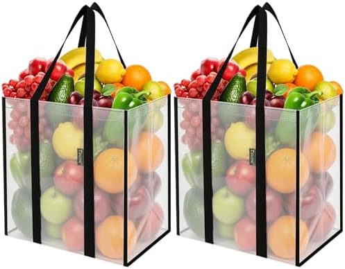 BALEINE 2 PK Grocery Bags Reusable Shopping Bags with Reinforced Bottom, Heavy Duty Foldable Tote Bags (Transparent) by BALEINE