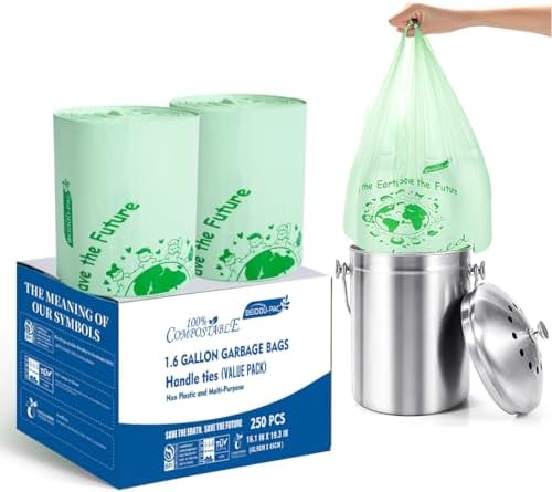 BEIDOU-PAC 1.6 Gallon Compostable Trash Bags with Handle, 250 Count Small Compost Kitchen Garbage Bags, Food Scrap Waste Bags for Countertop Bin, ASTM D6400, US BPI Certified by BEIDOU-PAC