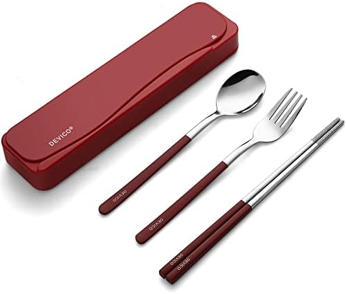 DEVICO Travel Utensils with Case, 4Pcs Portable Silverware Set for Work, 18/8 Stainless Steel Reusable Cutlery, Korean Spoon and Chopsticks Fork for Camping, School, Lunch Box Accessories (Red) by DEVICO