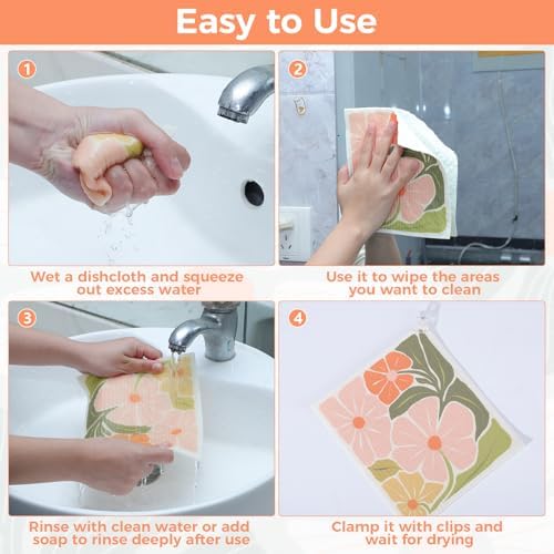 6 Pack Swedish Dishcloths for Kitchen,Abstract Floral Dish Towel with Clip - Image 6
