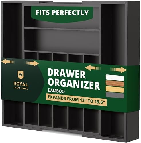 ROYAL CRAFT WOOD Luxury Bamboo Kitchen Drawer Organizer - Silverware Organizer - Utensil Holder and Cutlery Tray with Grooved Drawer Dividers for Flatware and Kitchen Utensils (9 Slot, Black) by ROYALCRAFTWOOD