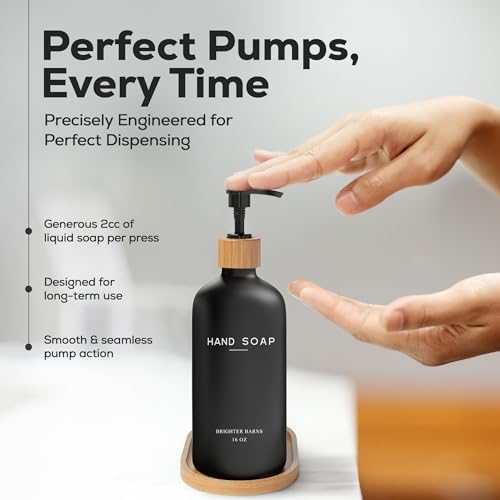 Black Glass Soap and Lotion Dispenser Set with Tray by Brighter Barns - Liquid Hand Soap Dispenser and Pump - Bamboo Bathroom Accessories & Modern Bathroom Decor (Black) - Image 4